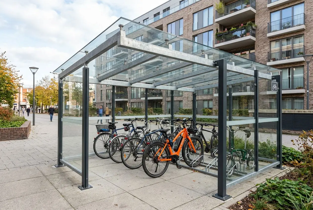 abri vélo extérieur en acier et panneaux vitrés, structure contemporaine avec vélo et vélo électrique garés, en milieu urbain.