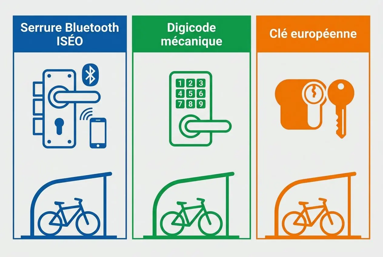 Abri vélo extérieur iconographie: trois panneaux colorés (bleu, vert, orange) montrant serrure Bluetooth ISÉO, digicode mécanique et clé européenne, avec des vélos stylisés en bas.