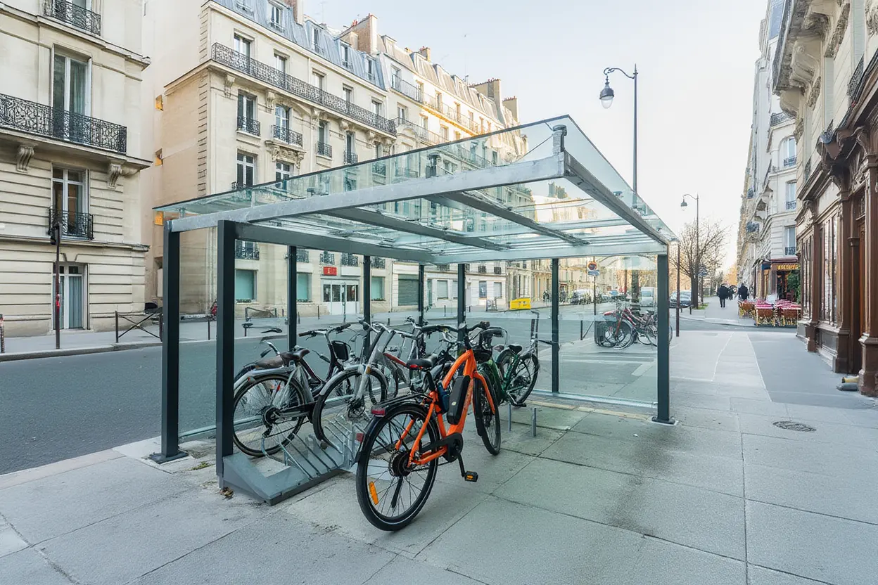 Abri vélo sécurisé à Paris avec vélo orange attaché, structure en verre et métal sur trottoir, rue urbaine.