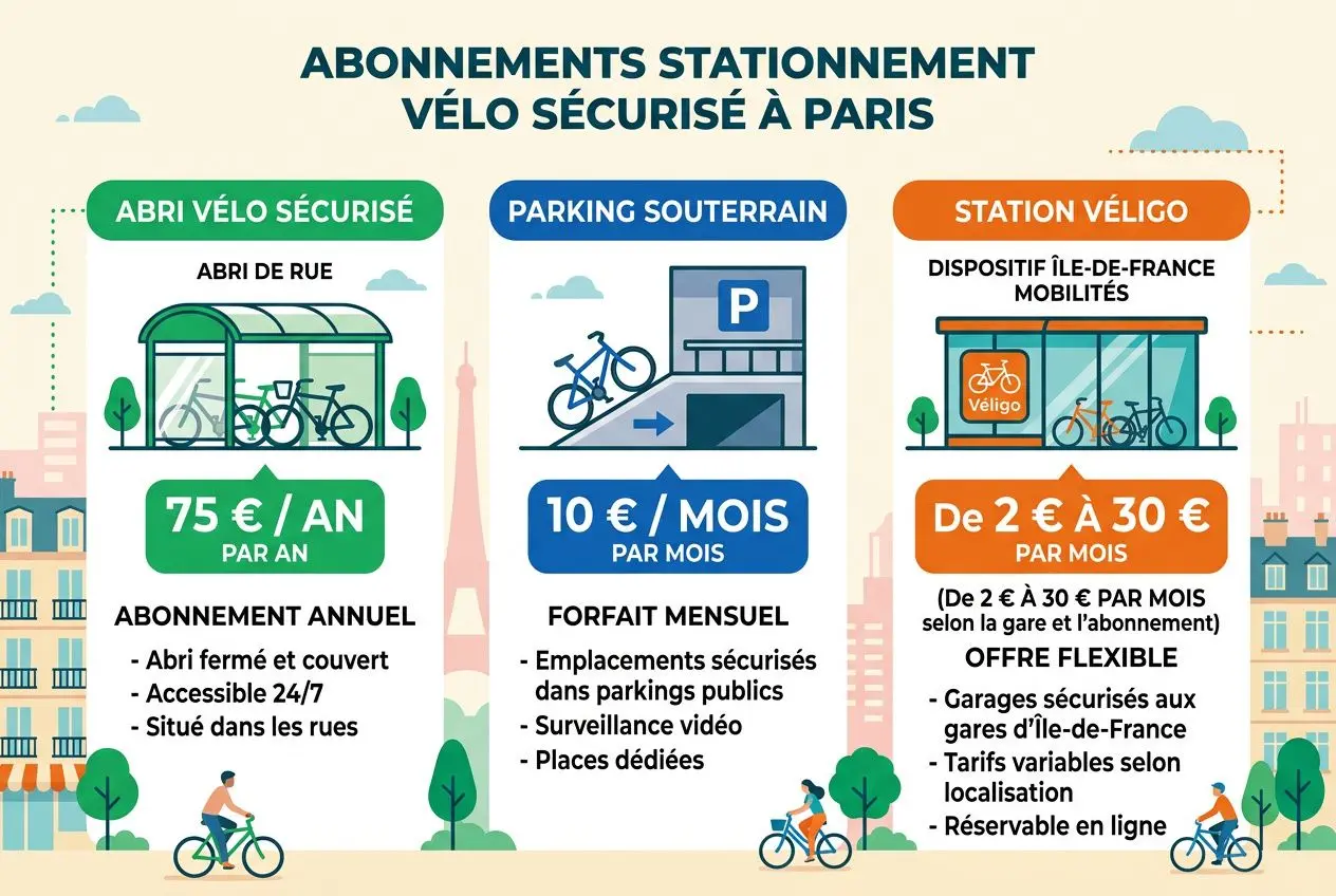 Abri vélo sécurisé Paris: affiche colorée présentant trois options, abri de rue, parking souterrain et station vélo, avec tarifs et avantages.