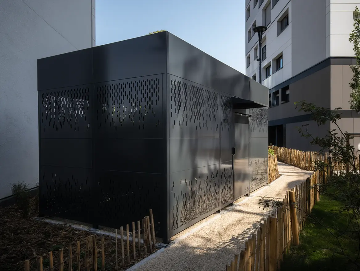 Abri vélo sécurisé paris : structure noire géométrique avec parois perforées près d’un bâtiment, quartier résidentiel et chemin piéton.