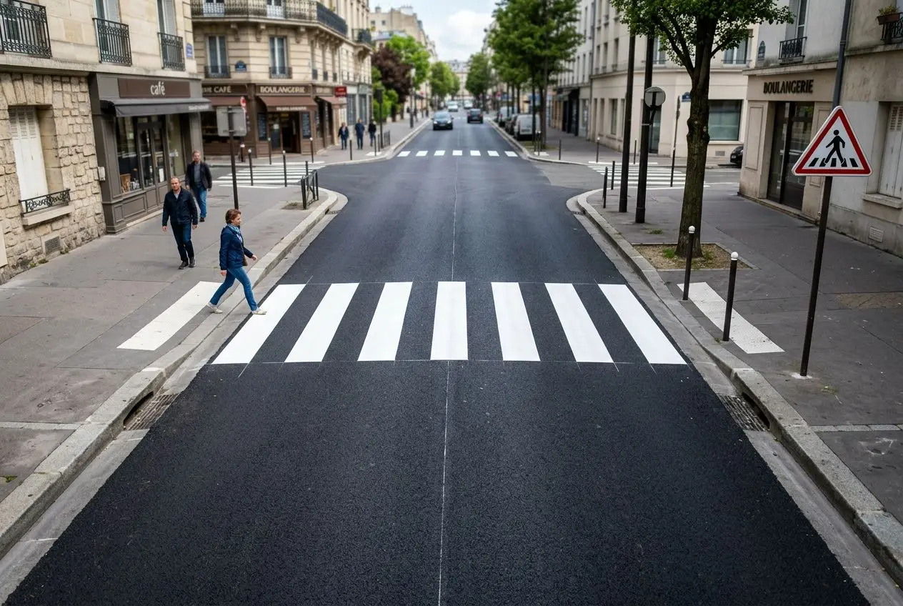 Loi lom passage piéton: piéton traversant une route urbaine sur un passage piéton zebré, rue calme, merchants et façades, signalisation piéton.