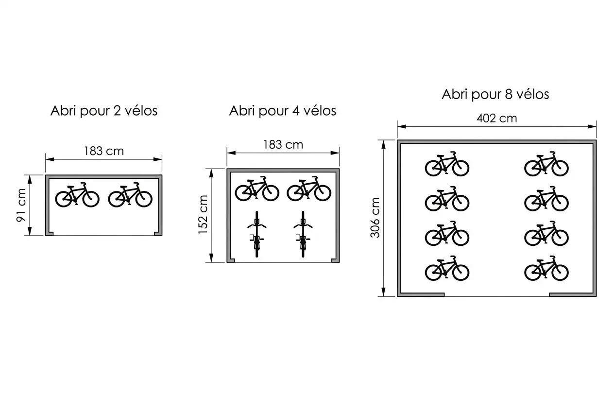 Plan illustrant trois abris vélo extérieur de tailles distinctes (2, 4 et 8 vélos) avec dimensions et emplacement des vélos et supports.