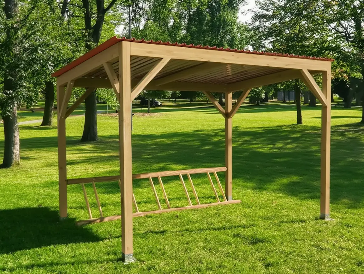 Abri en bois avec bancs et échelle de gymnastique, posé sur l’herbe d’un parc, entouré d’arbres. Mobilier fitness extérieur.