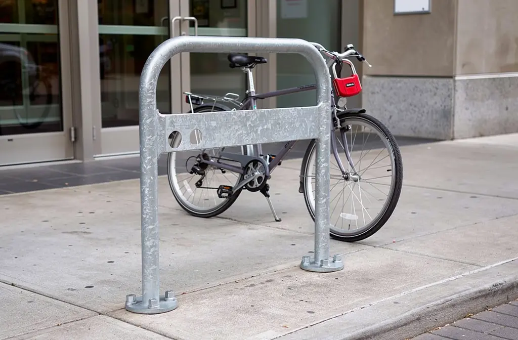 Arceau vélo à visser en acier galvanisé fixé au trottoir, vélo en écharpe derrière, cadenas rouge accroché au guidon.