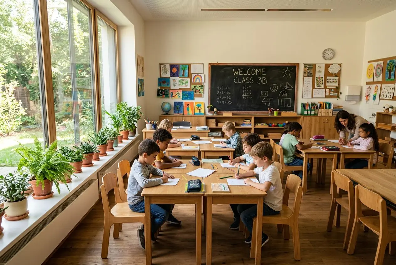 Classe chaleureuse et lumineuse avec des élèves travaillant autour de tables en bois, près des grandes fenêtres et des plantes. Mobilier scolaire écologique au cœur de l’organisation pédagogique.