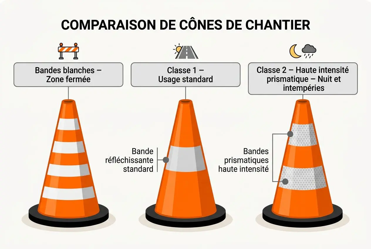 Comparaison de cônes de chantier avec trois types: bandes blanches, classe 1 standard et classe 2 haute intensité prismatiques pour la signalisation routière. prix cônes de signalisation.