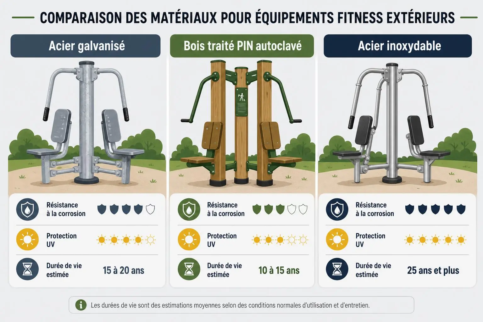 Comparaison des matériaux pour équipements fitness extérieur: vue sur appareils en acier galvanisé, bois traité et acier inoxydable avec icônes de résistance, protection UV et durées de vie estimées. mobilier fitness extérieur pour collectivités.