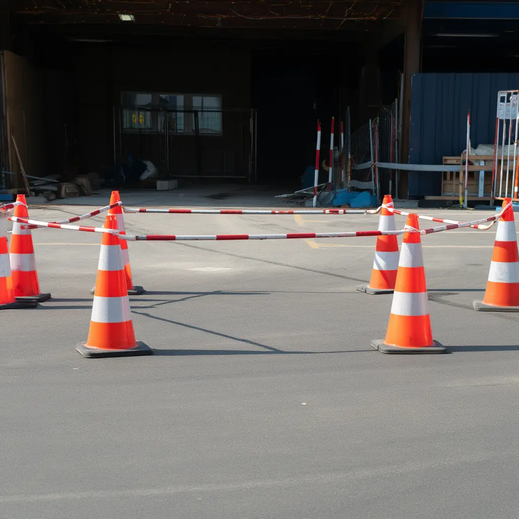 File image: Cones de signalisation orange et blanc formant un enclos autour d’un chantier en extérieur, avec ruban rouge et blanc et zone d’accès bloquée. prix cônes de signalisation intégré naturellement.