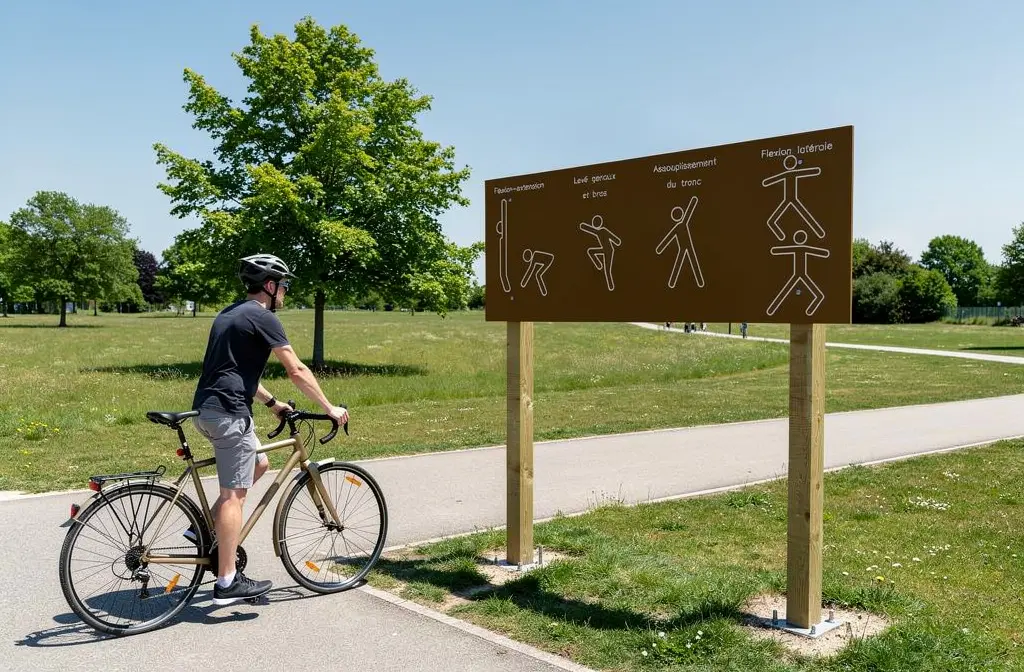 Homme à vélo sur piste cyclable, s’apprêtant à lire un panneau pédagogique sur les règles et équipements de sécurité vélo.