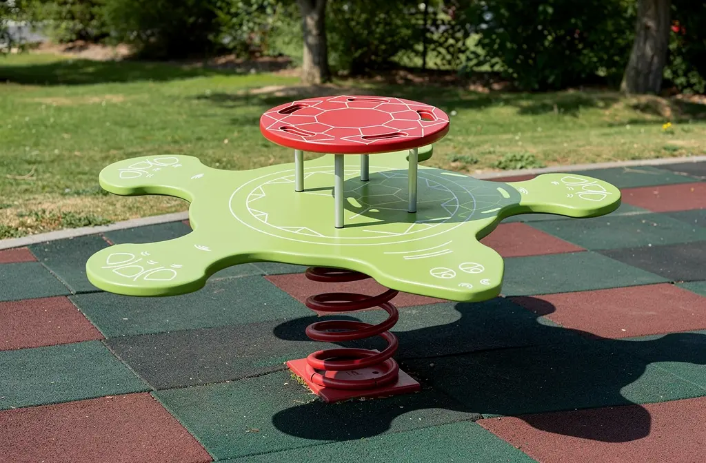 Jeu d’enfant coloré au parc avec plateforme verte et haut redressé par ressorts, sans personne. Équipement sécurité routière.
