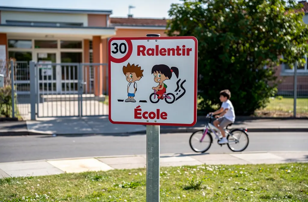 Signalisation routière près d’une école avec vitesse limitée à 30 et mot “Ralentir”; un enfant à vélo passe sur le trottoir. équipement sécurité vélo intégré.