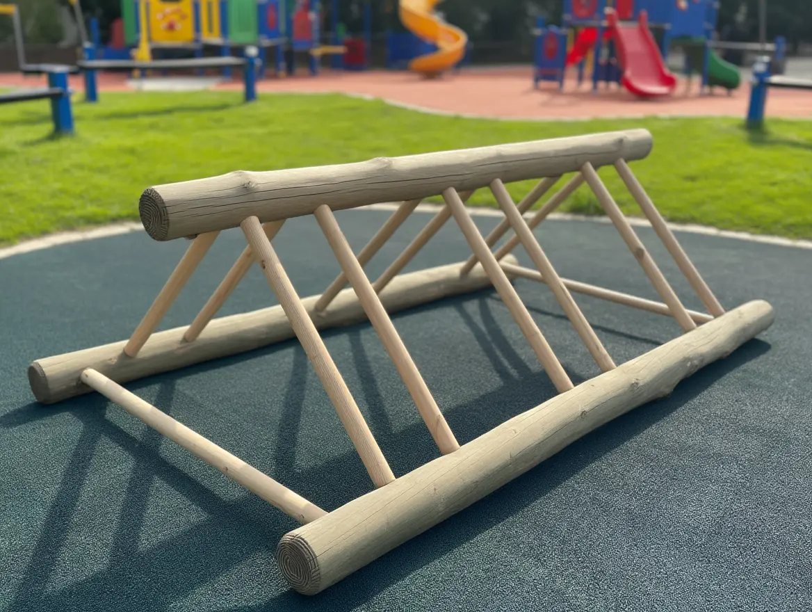 Structure d'escalade en bois installée dans une aire de jeux municipale ensoleillée.