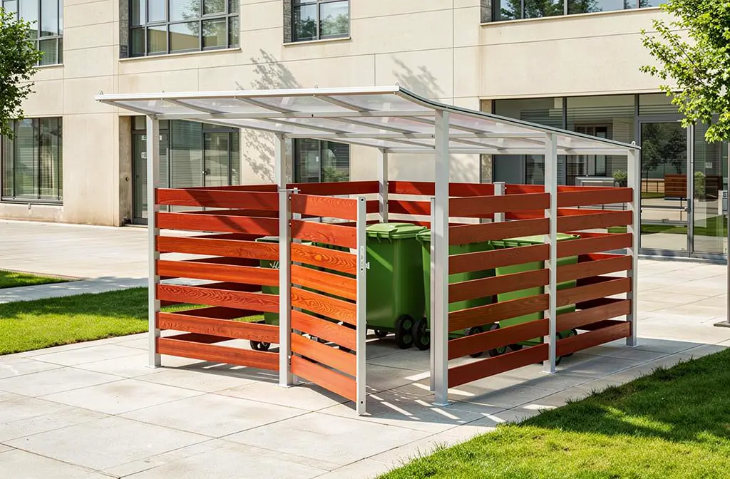 Structure de rangement de déchets sous abri en métal et bois, près d’un bâtiment, engin de collecte vert à l’intérieur, mobilier urbain place.