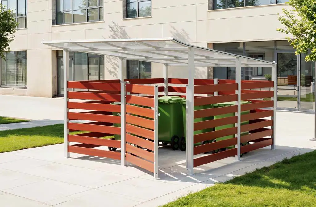 Structure de rangement en métal et bois pour poubelles, abri de jardinage sous toit translucide, en extérieur.アウト