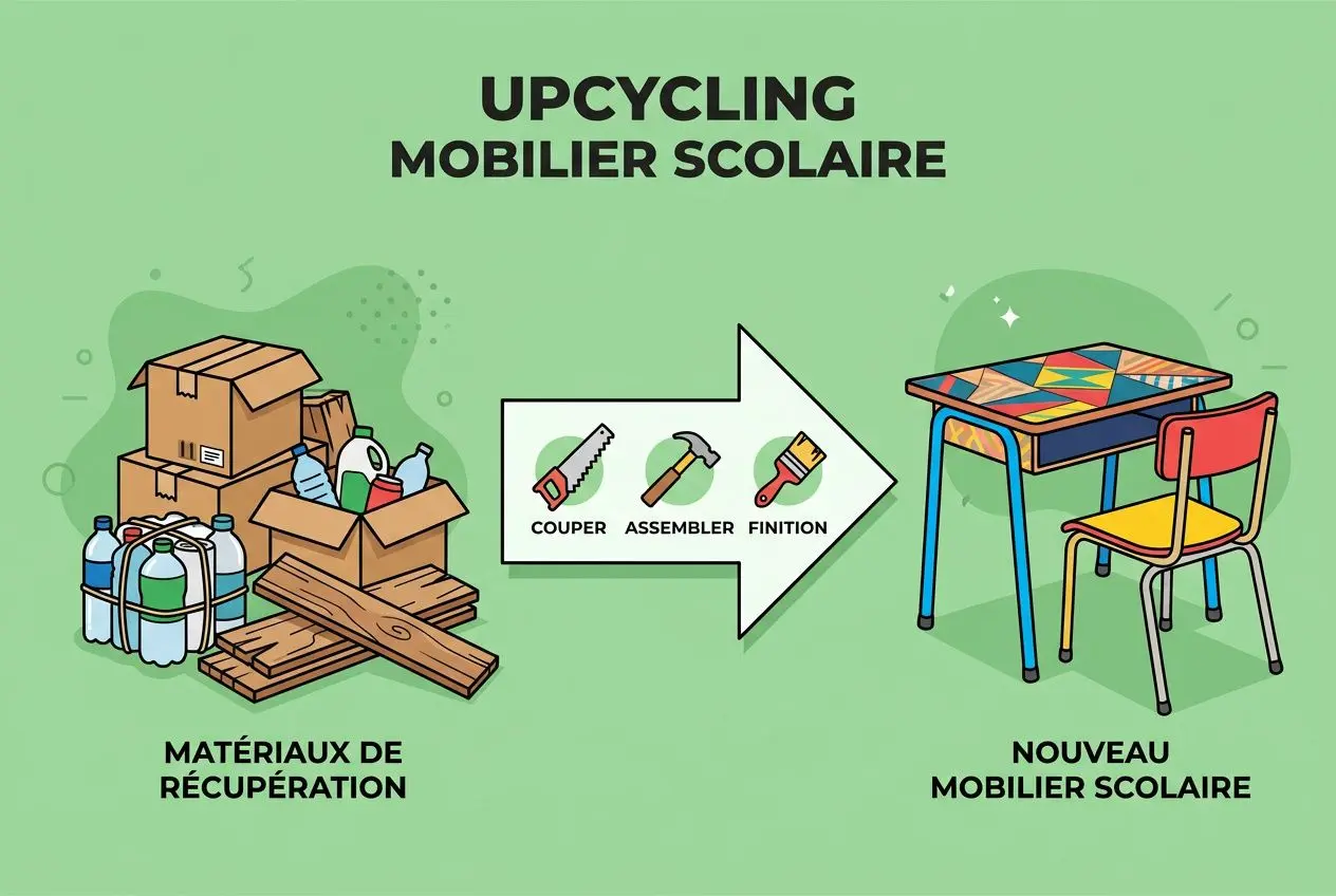 Upcycling mobilier scolaire : matériaux de récupération transformés en nouveau mobilier écologique pour une classe responsable.